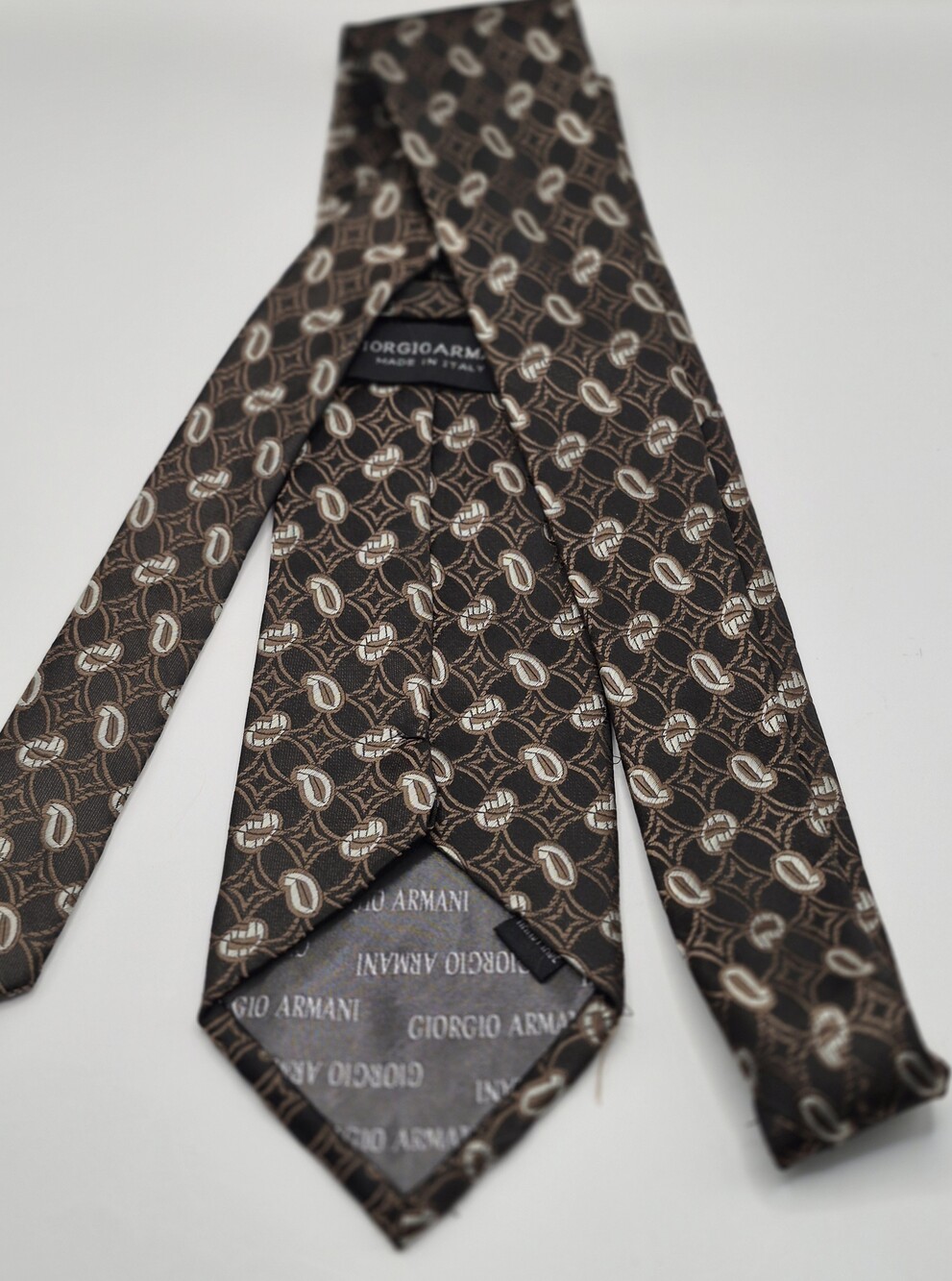 Giorgio Armani Tie Silk Vintage Brown Paisley Geometric Abstract Woven Italy Lux